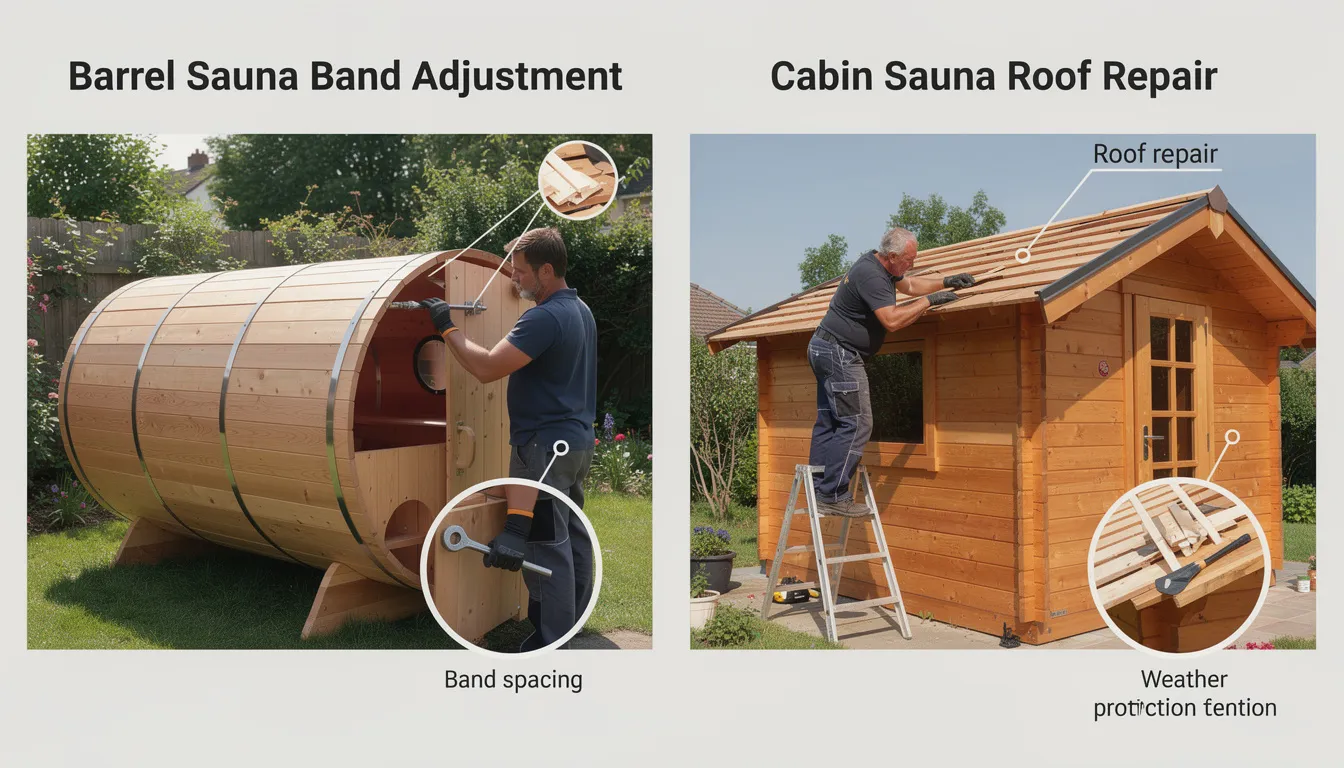The image depicts a maintenance comparison between a barrel sauna and a cabin sauna, highlighting the adjustment of steel bands on the barrel sauna versus the roof repair needed for the cabin sauna. The barrel sauna's curved design is contrasted with the flat walls of the cabin sauna, illustrating the unique benefits and aesthetic appeal of each outdoor sauna type.