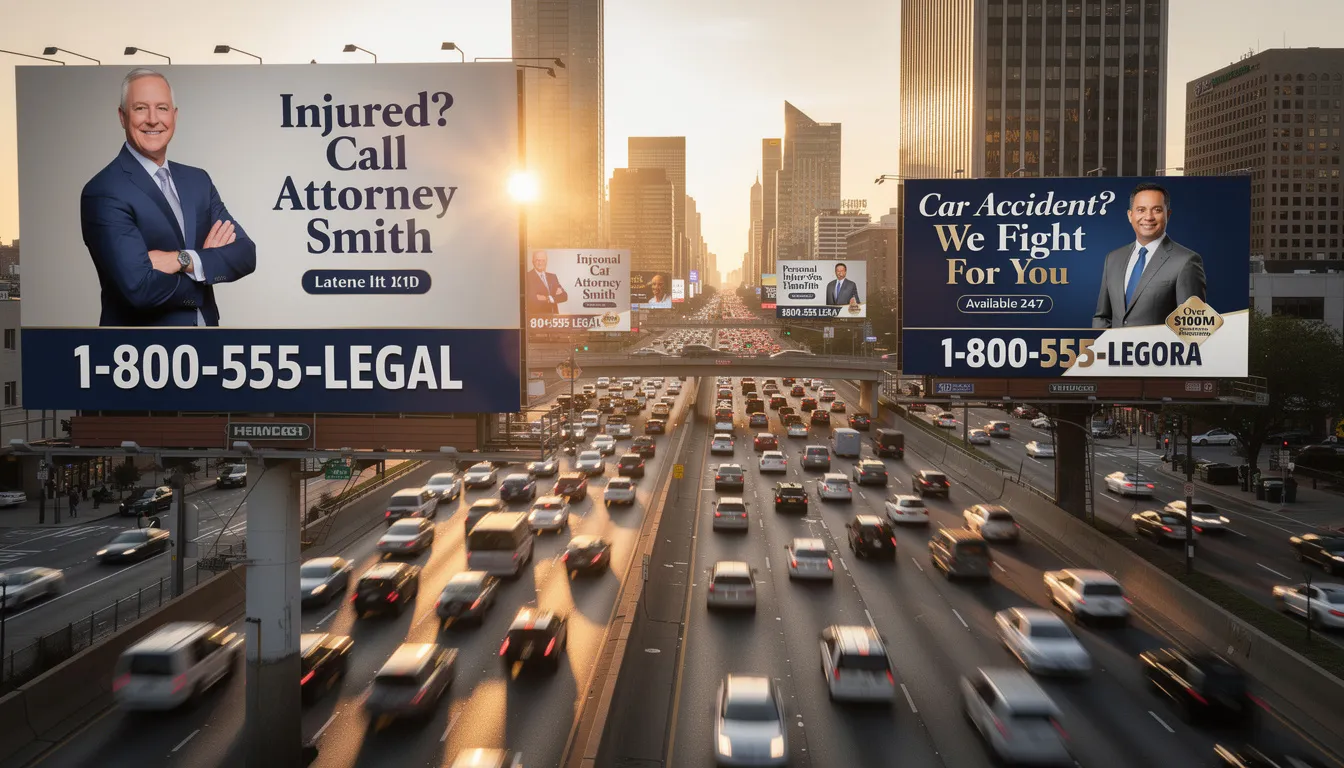 The image depicts a vibrant and busy highway scene featuring multiple large billboards advertising various law firms, specifically targeting personal injury attorneys. These billboards are strategically placed to capture the attention of drivers, showcasing messages about legal services and compensation for accident victims, highlighting the effectiveness of billboard advertising in reaching potential clients.