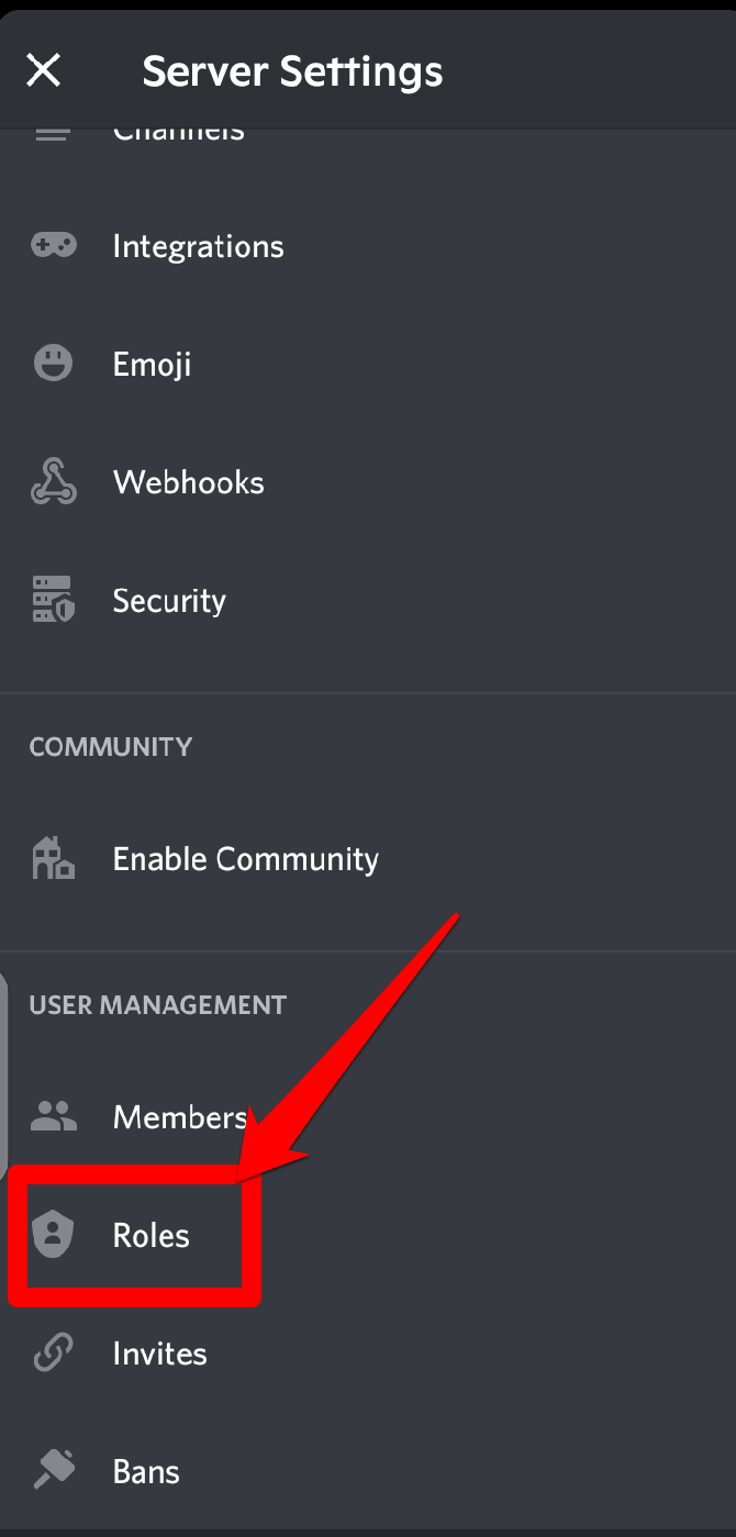 Screenshot showing the Roles tab on Discord mobile