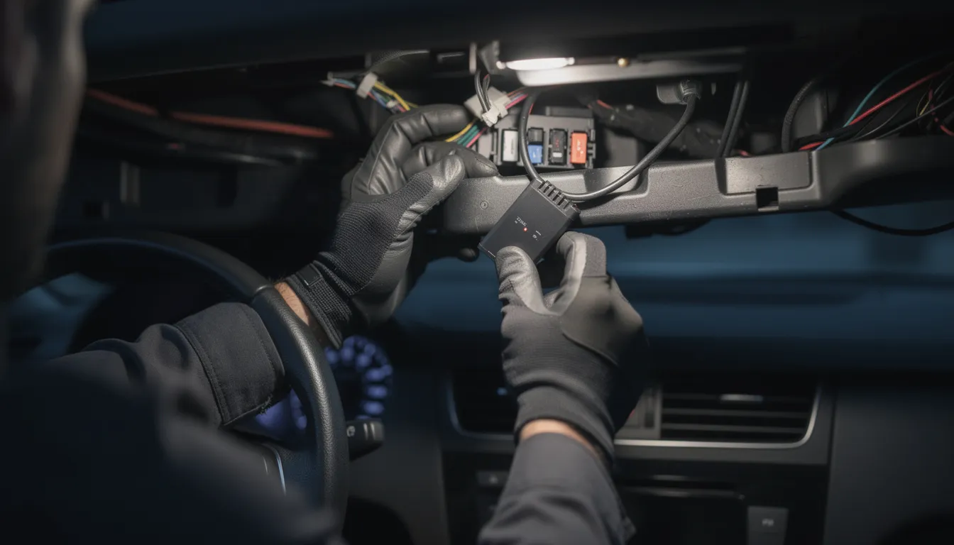 An individual is reaching under a car dashboard to install a GPS vehicle tracker, which will help monitor the driving habits of teen drivers. This car tracking device connects to the car's diagnostic port, providing real-time location updates and peace of mind for parents.