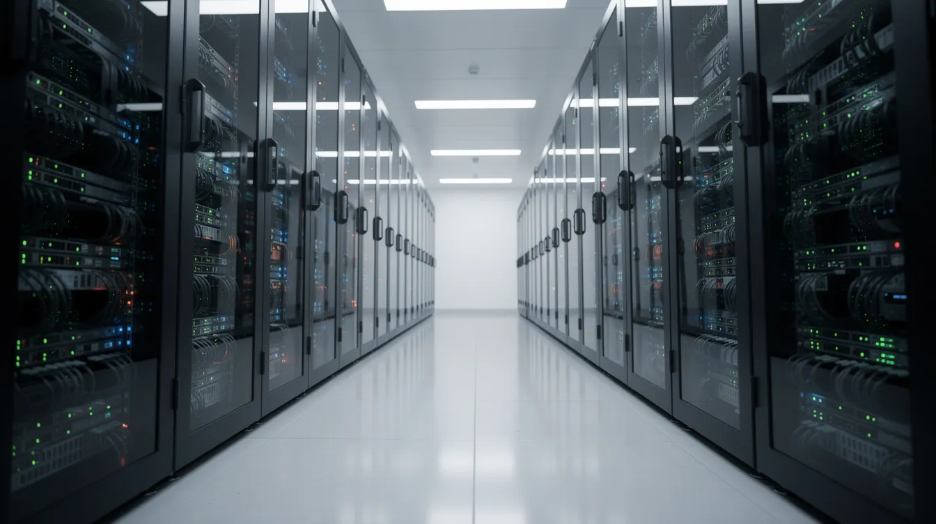The image depicts a server room filled with rows of network equipment, each adorned with blinking indicator lights, symbolizing the critical infrastructure needed for effective network security. This environment is essential for cybersecurity professionals to assess potential security risks and manage cyber threats.