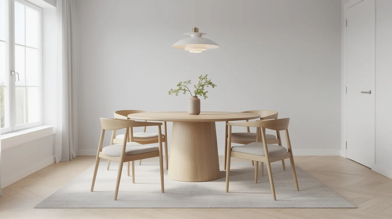 En elegant matplats med ett runt matbord i trä, 180 cm i diameter, omgiven av matchande stolar. Ovanför bordet hänger en stilren takpendel som skapar en inbjudande atmosfär för sociala tillställningar.