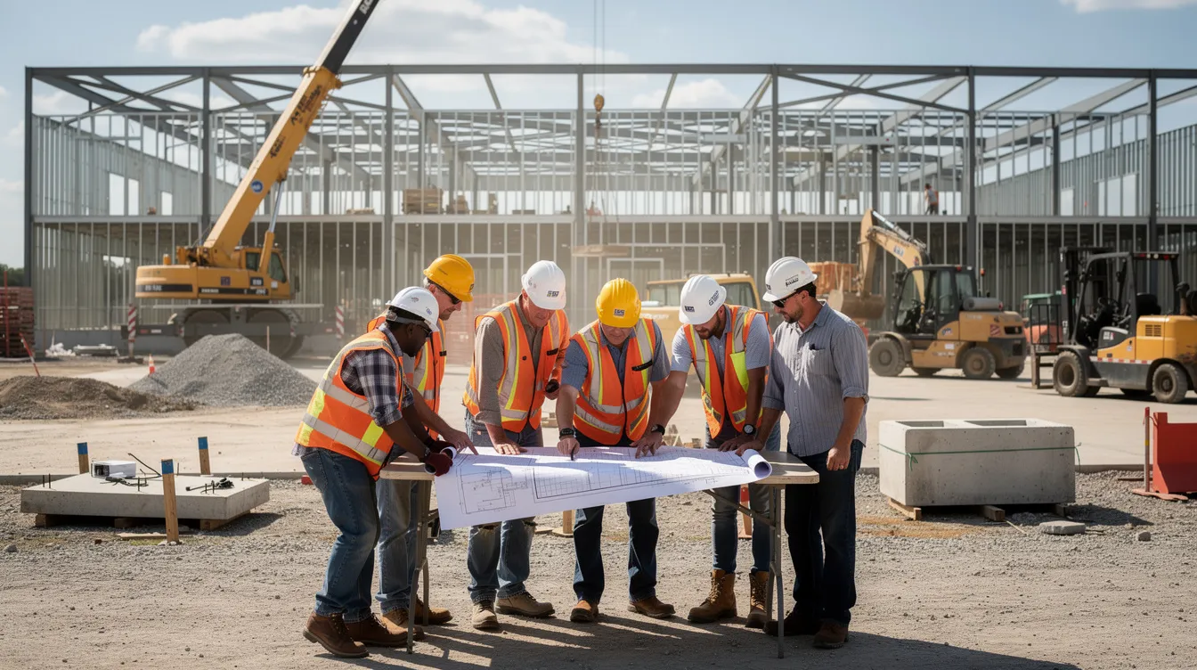 A group of construction workers is gathered at a commercial job site, intently reviewing blueprints while steel framing and heavy equipment are visible in the background. This scene highlights key factors in construction economics, such as labor costs and material expenses, essential for managing the project scope effectively.