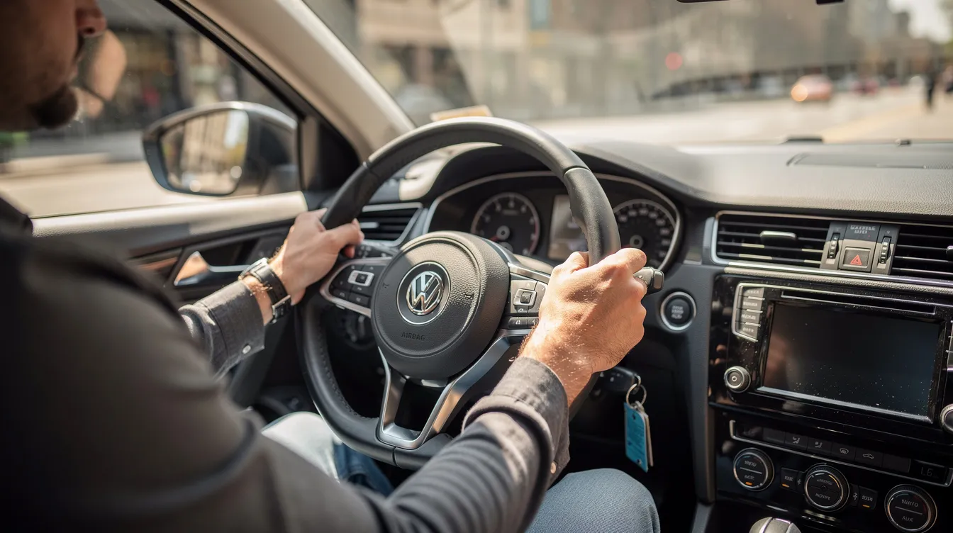 A person is sitting in a car with their hands firmly on the steering wheel, ready to start driving. This scene captures the moment before a practical driving test, an important step for prospective drivers seeking to obtain a driver's license in many countries.