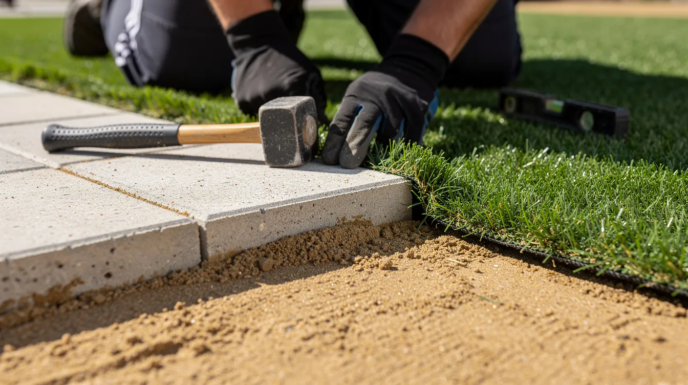 A close-up view captures a worker meticulously resetting light-colored pavers alongside artificial grass, with a compacted sand base clearly visible. This outdoor project showcases the practical use of quality pavers, enhancing the overall design of the outdoor living space.