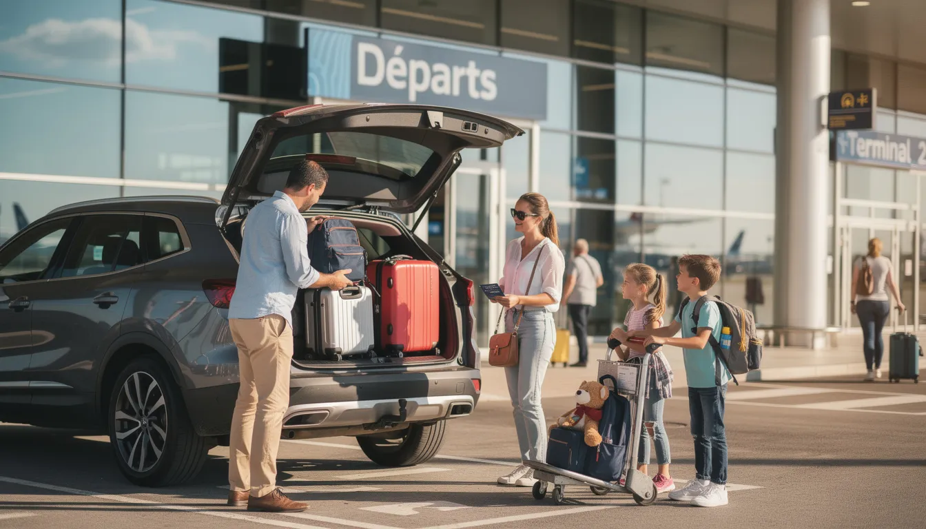 Une famille est en train de charger des bagages dans le coffre d'un SUV devant un aéroport ensoleillé, préparant ainsi leur départ pour des vacances. Cette scène évoque l'importance de la location de voiture pour faciliter les voyages en famille.