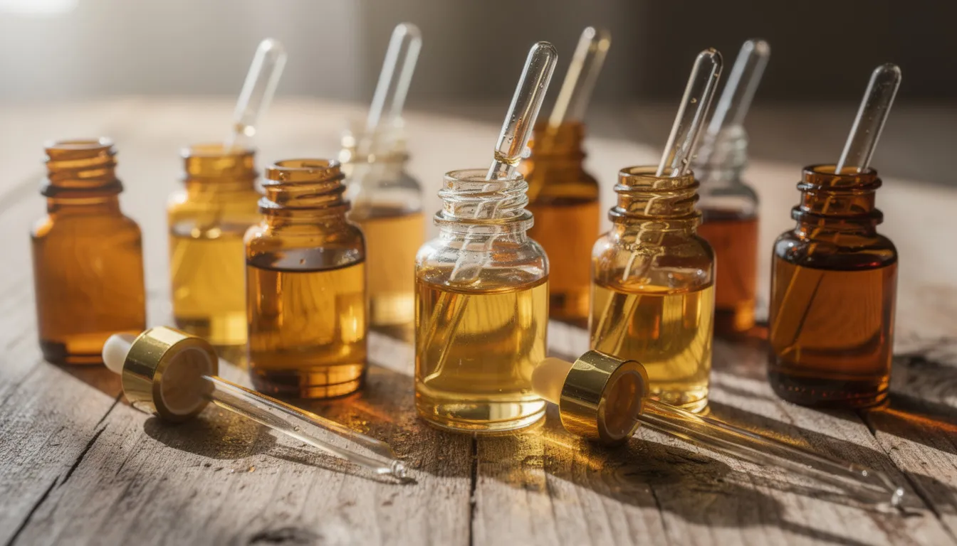 Auf einer Holzoberfläche stehen verschiedene Glasfläschchen mit Ölen und Pipetten, die eine Auswahl an 10 oh hhc Produkten repräsentieren. Die Fläschchen enthalten möglicherweise wertvolle Cannabinoide, die für ihre entspannenden Wirkungen und die Linderung von Stress bekannt sind.