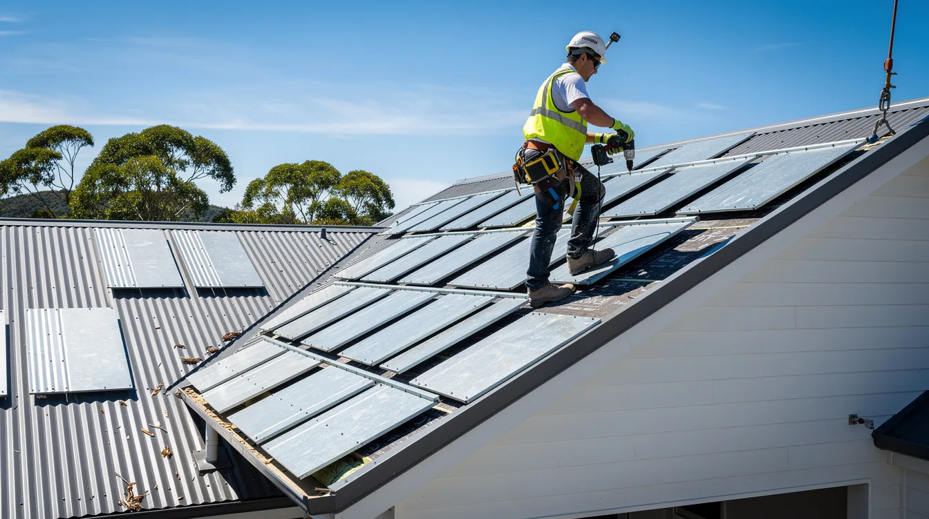 A worker in safety gear is installing durable metal roof panels on a residential building under a clear blue sky. The installation features corrugated metal roofs, showcasing the worker's attention to detail as they secure the panels to ensure protection against severe weather conditions.
