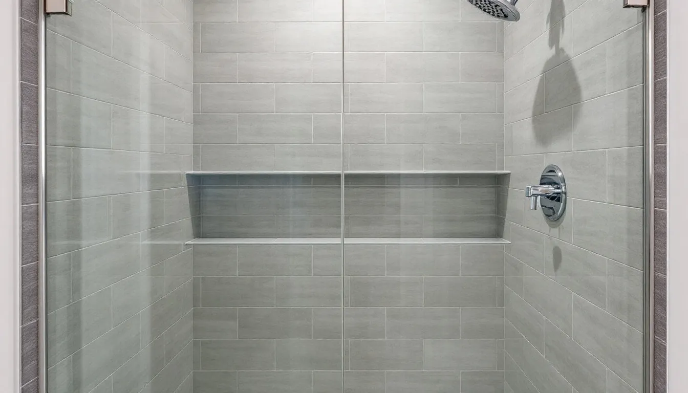 A modern walk-in shower features a sleek design with varied gray tiles on the shower walls and floor, complemented by contemporary fixtures and a spacious layout. This luxurious space highlights clean lines and a stylish color scheme, creating an inviting atmosphere in the master bathroom.