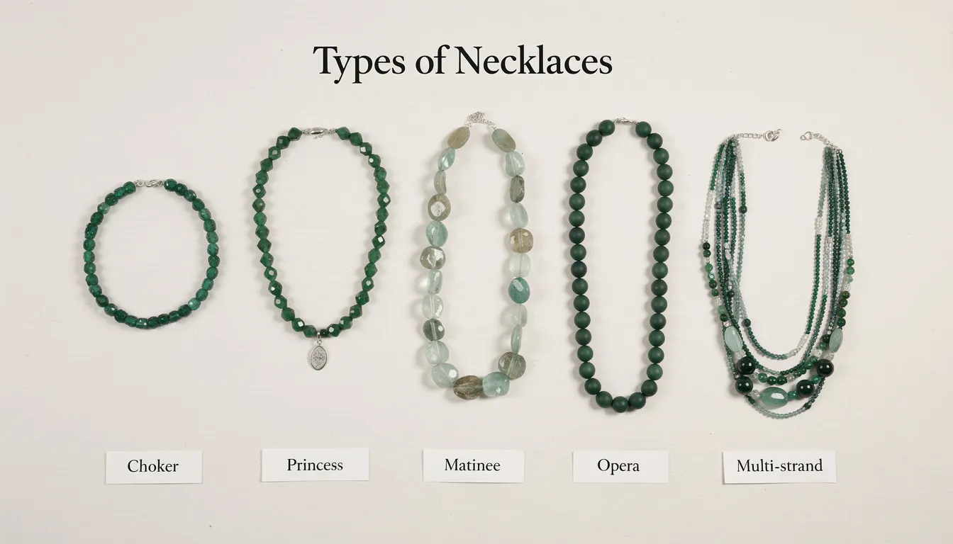 The image showcases a collection of green bead necklaces featuring various styles and sizes, highlighting their elegance and beauty. Each necklace is designed to suit different tastes and occasions, making it easy to discover the perfect piece for any outfit.