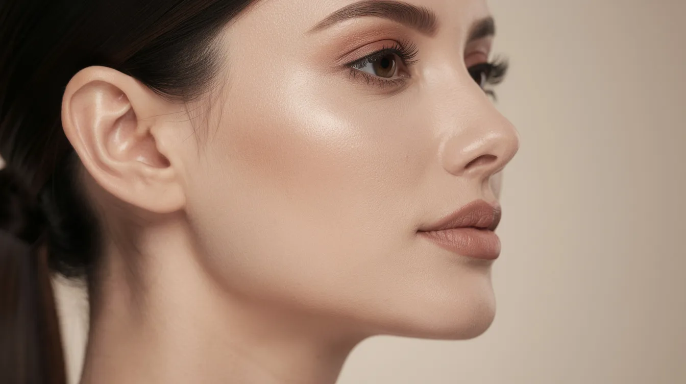 A close-up profile view of a woman showcasing a well-defined jawline and balanced facial proportions, highlighting the effects of chin augmentation for enhanced facial harmony. Her features reflect a natural-looking result, emphasizing the importance of facial symmetry and chin projection in cosmetic procedures.