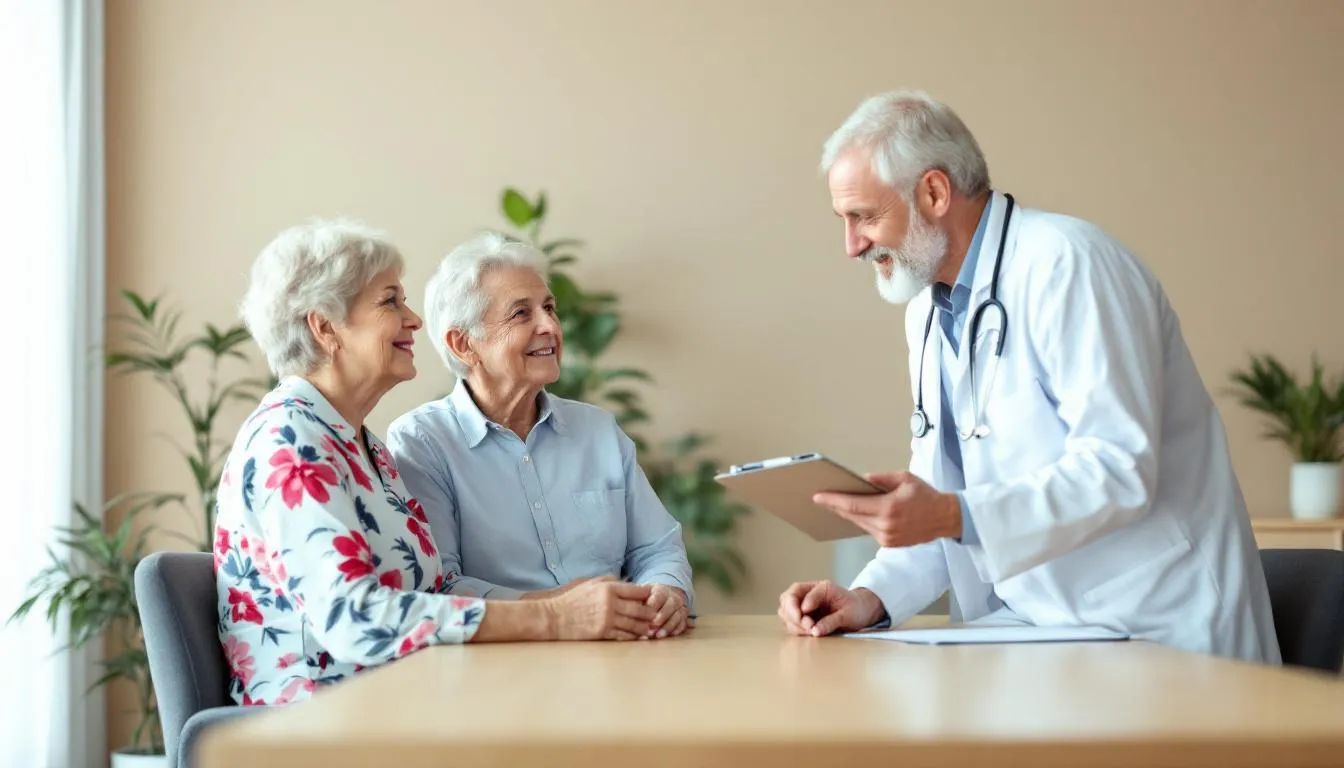The image depicts a senior couple engaged in a healthcare consultation with a doctor, discussing their retirement planning and financial future. The scene emphasizes the importance of informed decisions regarding healthcare and financial strategies as they navigate their retirement journey.