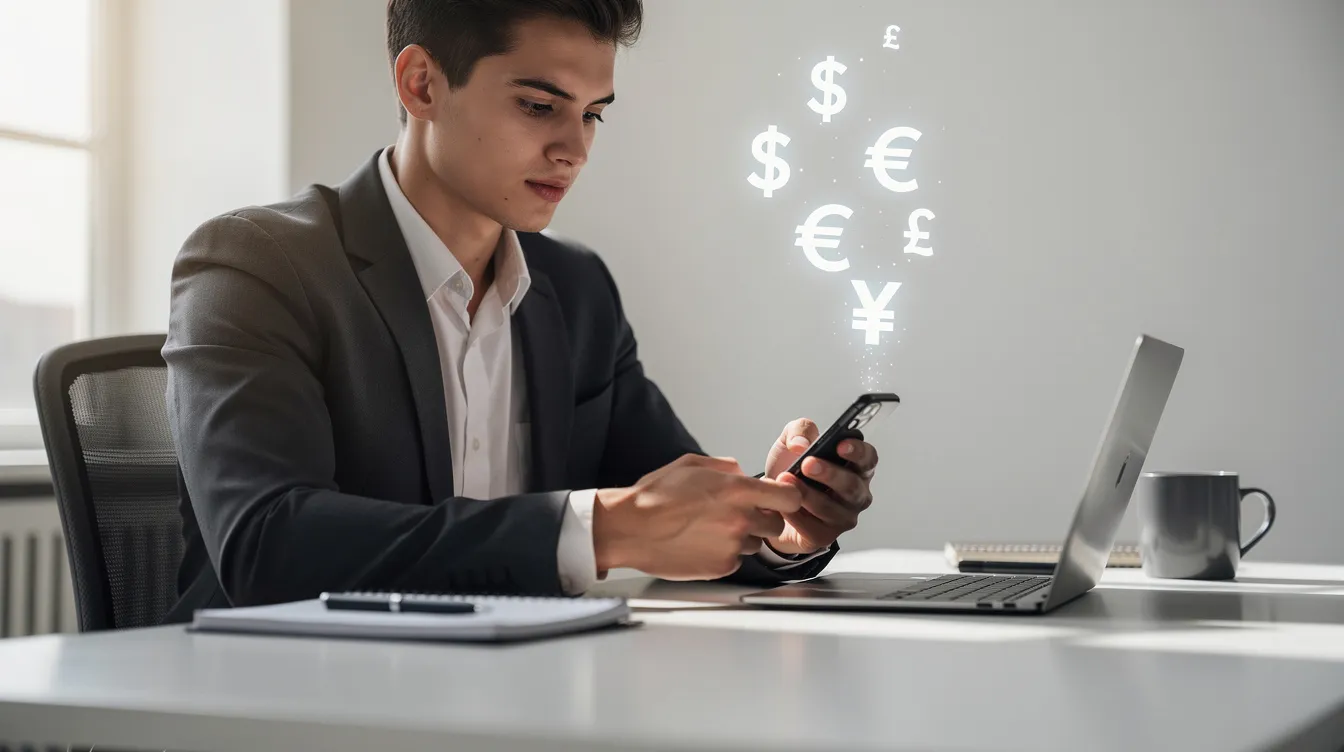 A person is sitting at a desk, focused on their smartphone as they complete a financial transaction, with various currency symbols floating around them, symbolizing international money transfers. This scene reflects the ease of sending money abroad through secure transactions and online banking methods.