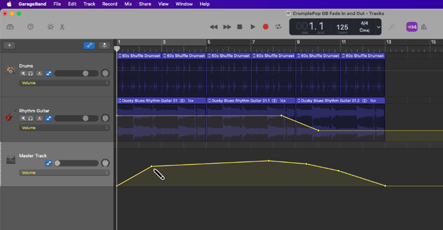 Adding a volume point to the Master Track's automation line for a fade-in