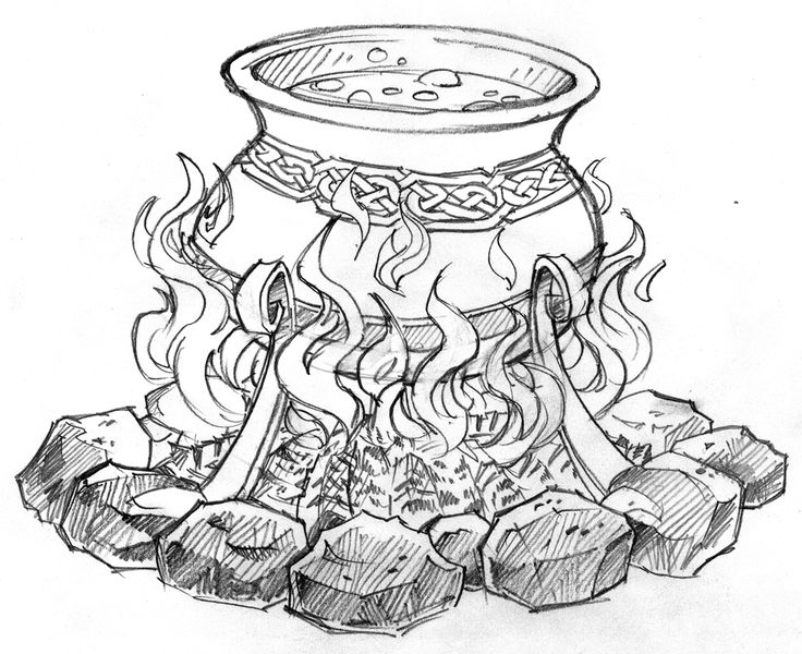 A drawing of a cauldron over a fire.
