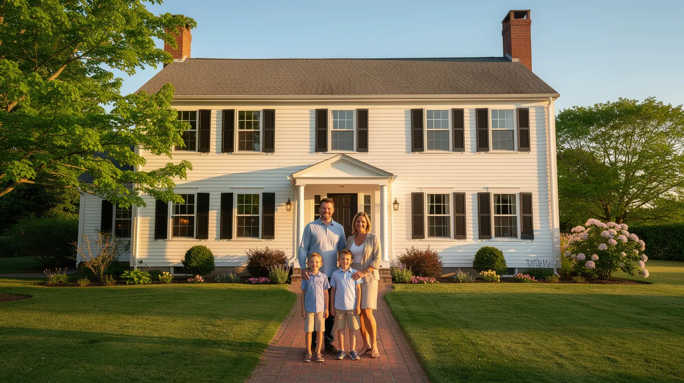 A family stands together in front of a charming Connecticut colonial style home, showcasing their dream home. They appear excited about the possibility of homeownership and the various loan programs available, such as the CHFA first mortgage loan, which can help alleviate potential homebuyers' inability to purchase property.