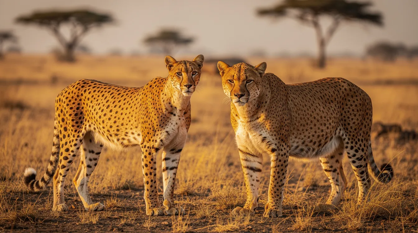 Auf dem Bild sind zwei große gefleckte Katzen in der afrikanischen Savanne zu sehen: Ein schlanker Gepard mit langen Beinen und ein muskulöser Leopard, der kompakter wirkt. Die Unterschiede in ihrem Körperbau und den Fellmustern, wie die Rosetten des Leoparden im Vergleich zu den Punkten des Geparden, sind deutlich erkennbar.