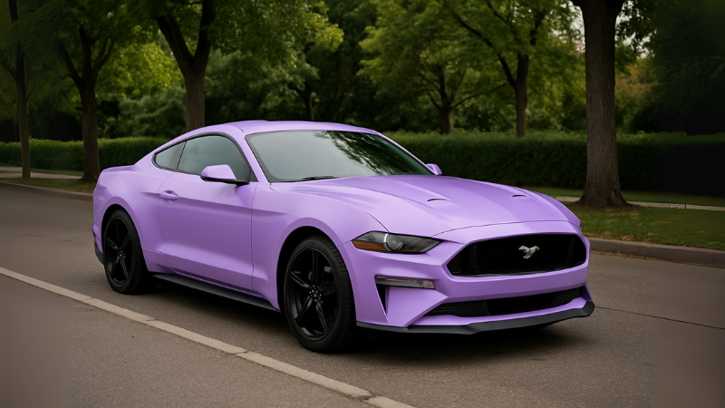 Mustang fully wrapped with vinyl in lavender color.