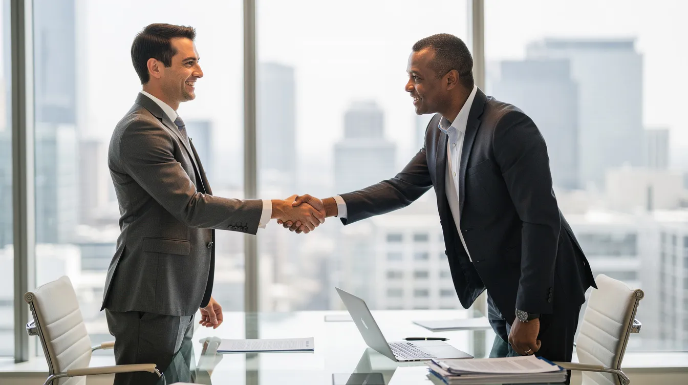 How to Improve Your CV in 2026 and Land More Interviews 4 A confident professional is shaking hands with an interviewer in a modern office setting, symbolizing a successful job application process. The scene highlights the importance of tailoring a CV and cover letter to match job descriptions and impress hiring managers.