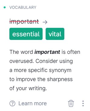 Cuplikan layar saran kata Grammarly.