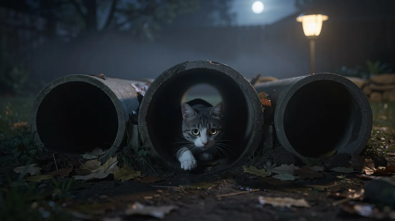A curious cat is peeking its head into one entrance of a multi-way tunnel at night, showcasing its playful nature as it explores this new cat tunnel. The crinkly material of the tunnel adds an element of fun, making it an ideal escape route for indoor cats.