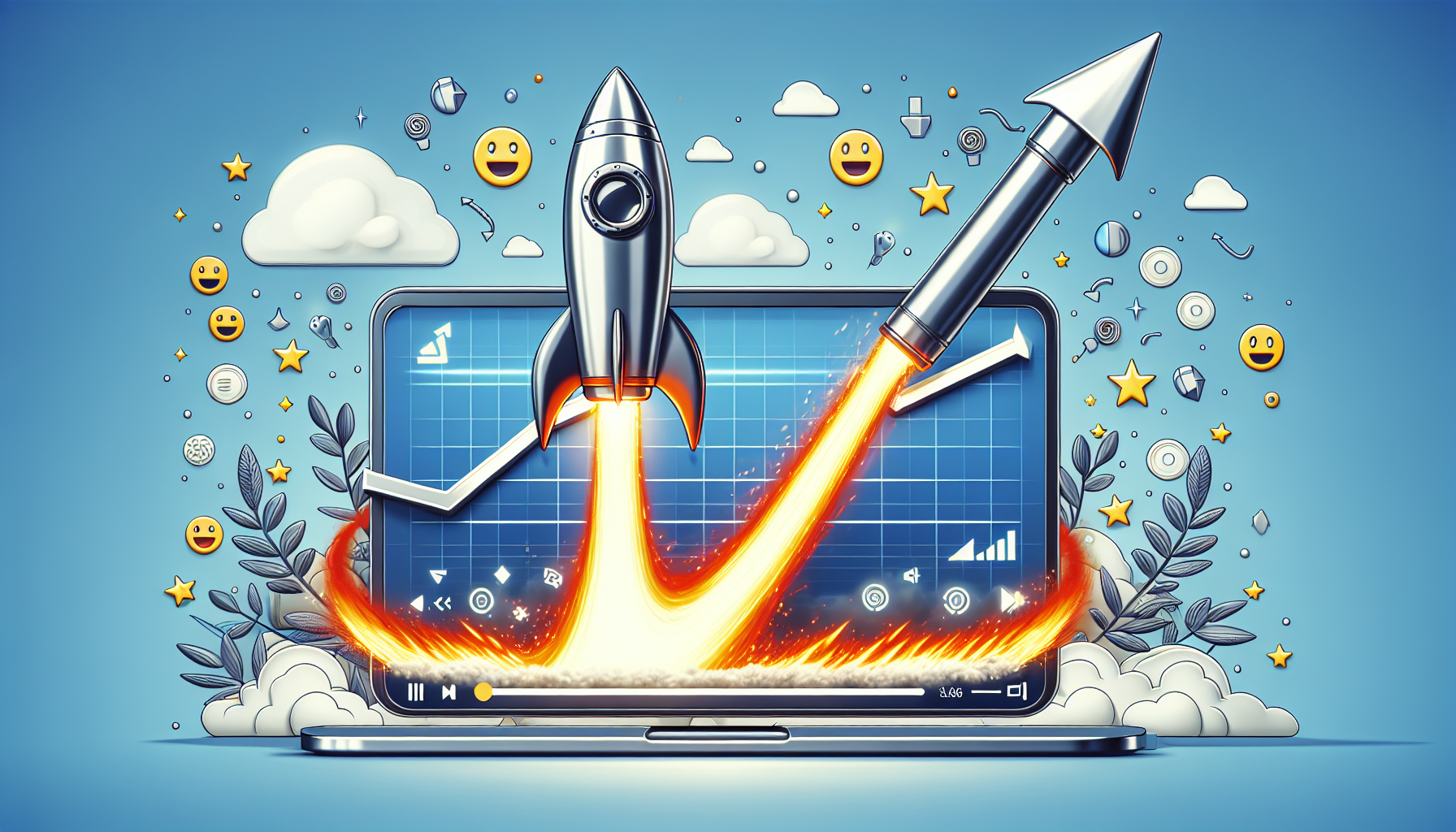 Cartoon of a video player with a rocket symbolizing high conversion rates