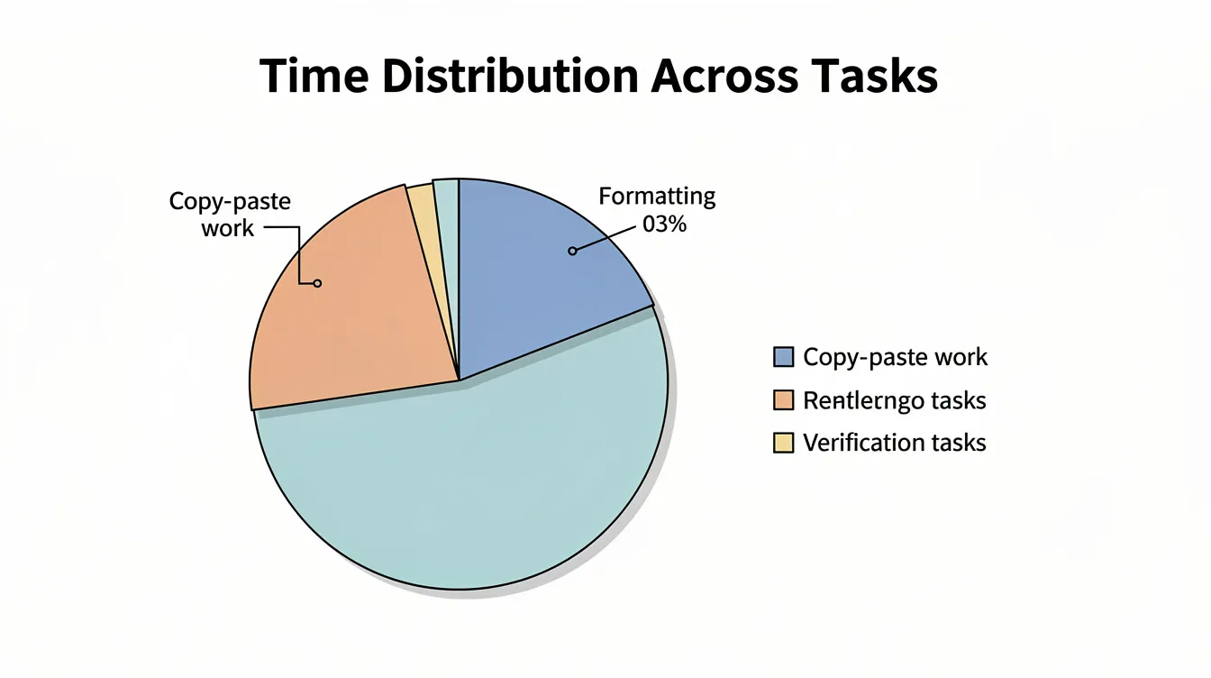 A pie chart illustrates the time distribution among three tasks: copy-paste work, formatting, and verification, effectively presenting data that highlights key insights into task allocation. This data visualization enables viewers to process complex data and understand the emphasis on each task through visual elements.