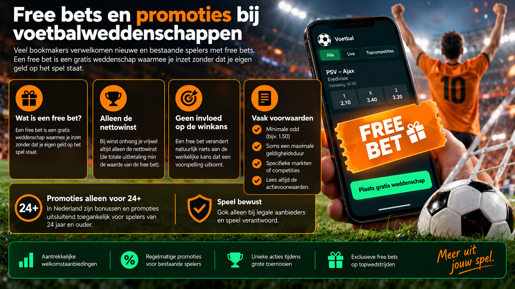 Free bets en promoties bij voetbalweddenschappen met uitleg over voorwaarden en de leeftijdsgrens van 24 jaar.