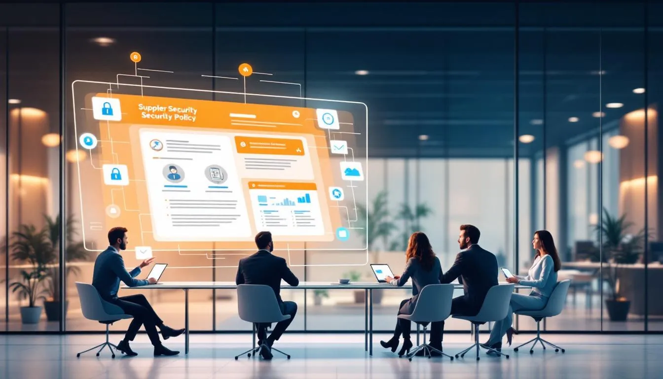 A supplier security policy document being discussed in a meeting, focusing on managing information security risks.
