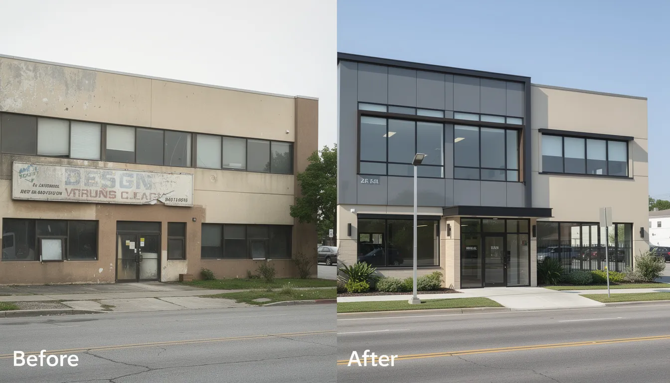 How Construction Blogging Builds Authority And Lead Pipelines | Rsm Marketing The image shows a side-by-side comparison of a commercial building before and after a renovation project, highlighting significant improvements in aesthetics and functionality. This transformation reflects the capabilities of a construction company to enhance property value and attract potential clients through effective construction services.