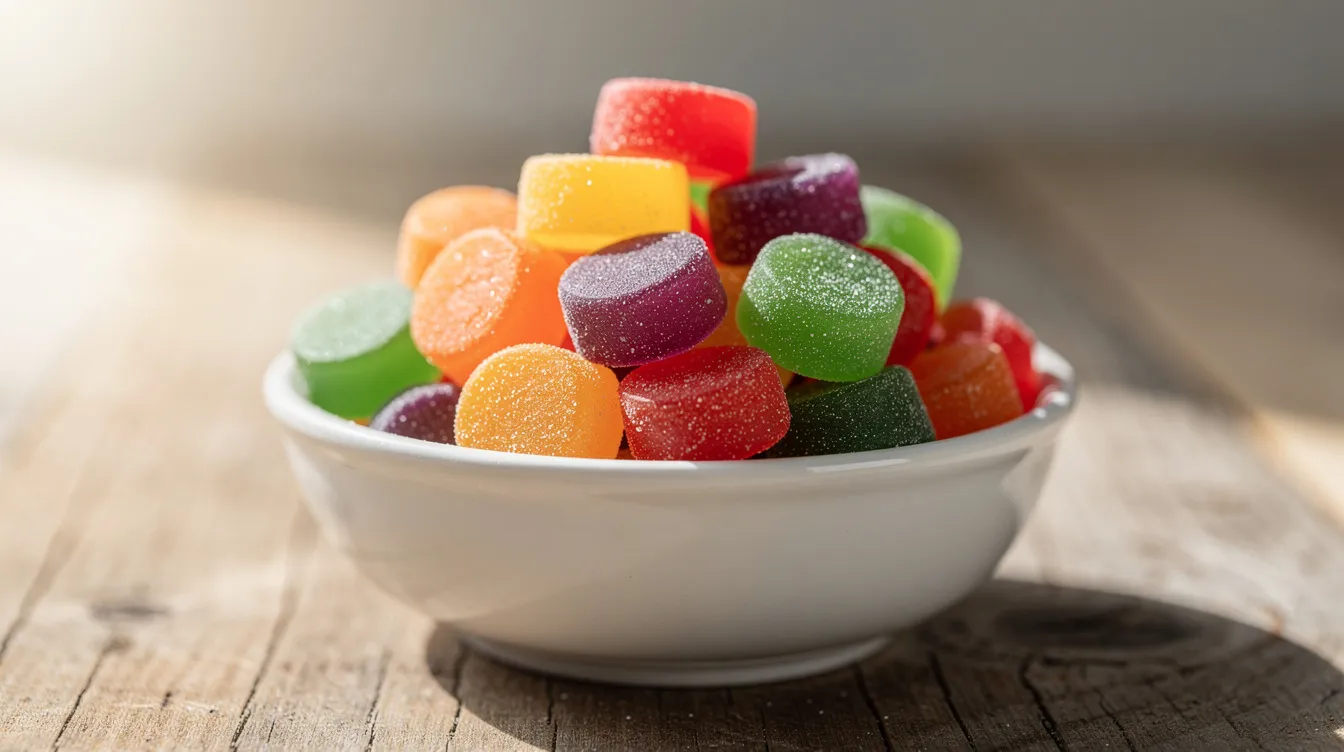 A close-up view of vibrant fruit-flavored gummy supplements, including functional mushroom gummies, is displayed in a small ceramic bowl on a rustic wooden table, showcasing their appealing colors and textures. These gummies, featuring natural raspberry flavor, represent a tasty addition to a wellness routine, promoting overall health and immune support.