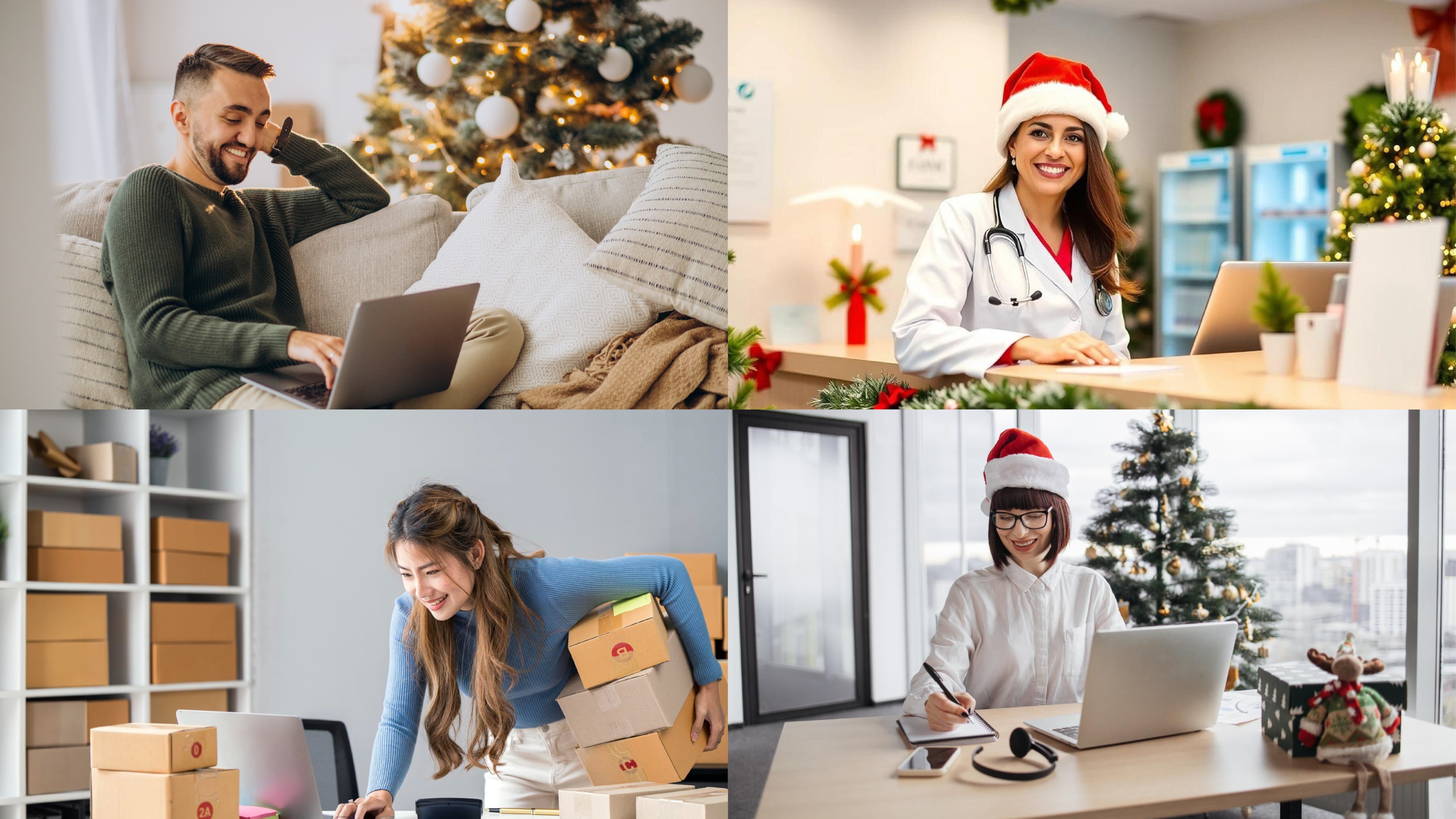 A four-part photo showing each member of a group of agents enjoying the benefits of SMSPlus-powered CX strategies.