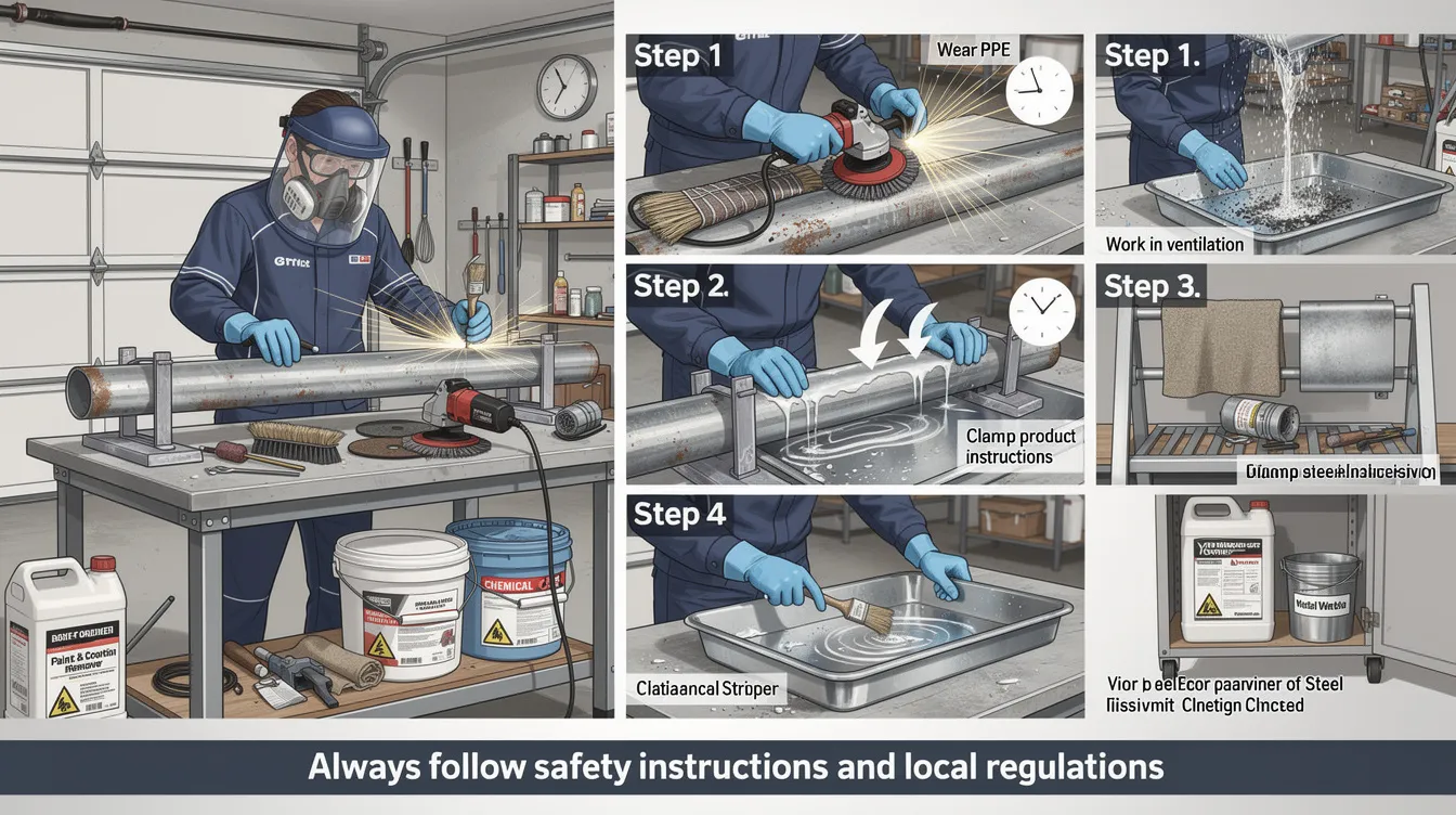 The image depicts a person wearing safety equipment, including gloves and a mask, while using a wire brush to remove the galvanized coating from a sheet metal object. The surrounding area is well-ventilated to avoid exposure to toxic fumes, and various solutions like muriatic acid and vinegar are visible on a nearby table for safely stripping the zinc layer.