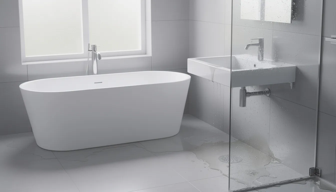 The image depicts a modern bathroom featuring a bathtub and sink, with visible areas where excess moisture collects, such as damp corners and wet plaster. These moist environments can attract small jumping insects like springtails, which thrive in decaying organic matter and may lead to infestations if not managed properly.