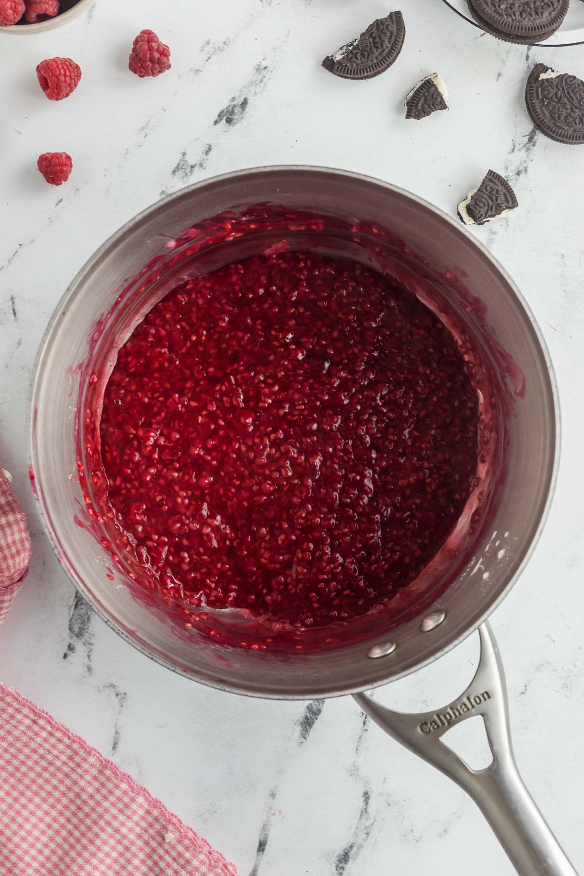 raspberry puree mixture in saucepan