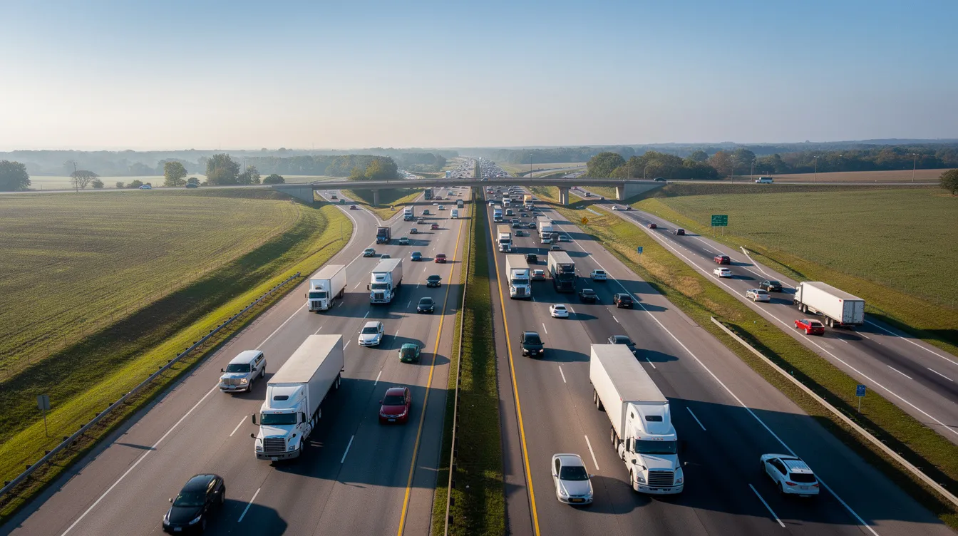 The image shows trucks and cars traveling on a wide interstate highway during the daytime, illustrating a busy roadway typical of the United States. This scene can be relevant for personal injury cases, particularly in the context of car accidents and truck accidents, where legal representation may be needed from a personal injury lawyer.