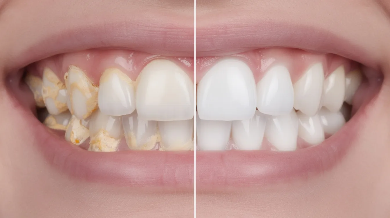 The image depicts a split view of teeth, with the left side showing yellowish tartar buildup indicating poor oral hygiene, while the right side displays the same teeth clean and polished after professional dental care. This contrast highlights the importance of regular dental check-ups and routine cleanings in maintaining optimal oral health and preventing serious dental issues.