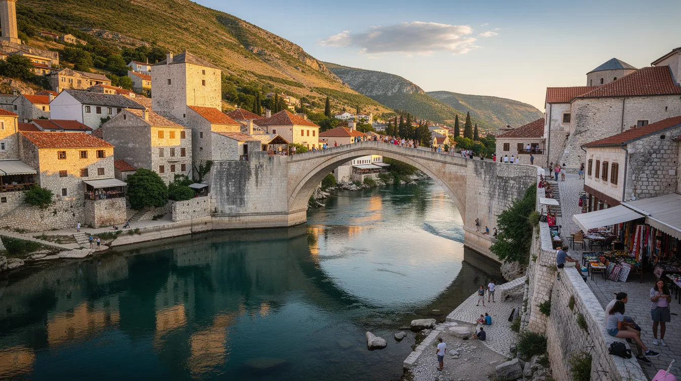 A imagem mostra uma vista panorâmica da Bósnia e Herzegovina, destacando suas montanhas e a arquitetura característica das cidades, como Sarajevo. O país, situado na região dos Bálcãs, é conhecido por sua rica história e diversidade cultural.
