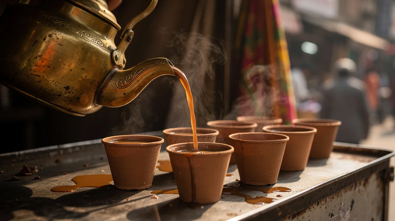The image shows a traditional Indian tea being poured from a gleaming brass kettle into small clay cups, capturing the essence of cultural practices in Kolkata. This scene reflects the growing demand for unique small business ideas, such as tea stalls, that cater to local tastes and preferences.