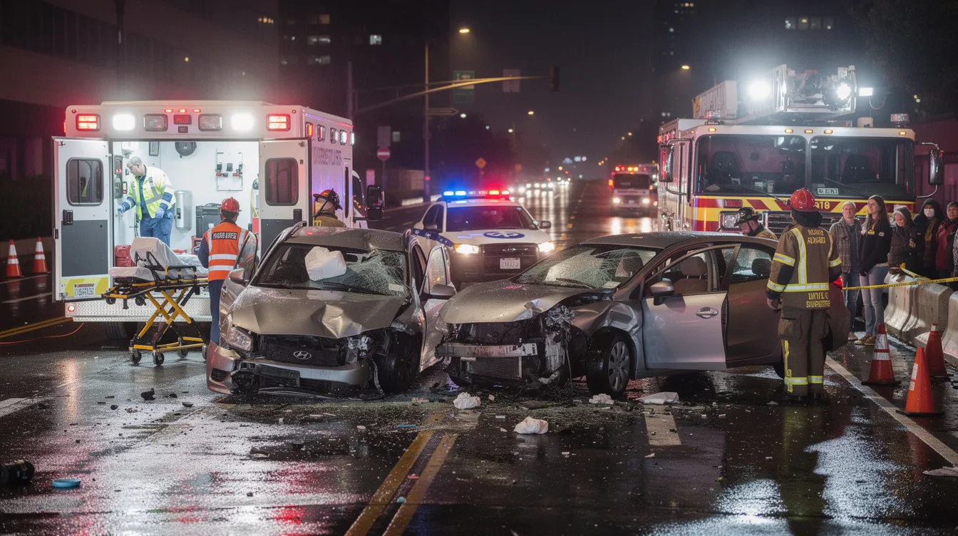 The image depicts a chaotic scene of a serious car accident, with multiple emergency vehicles, including police cars and ambulances, responding to the incident. The scene highlights the potential for wrongful death claims in Colorado, as it underscores the tragic consequences of a fatal car accident and the importance of seeking legal representation for affected family members.