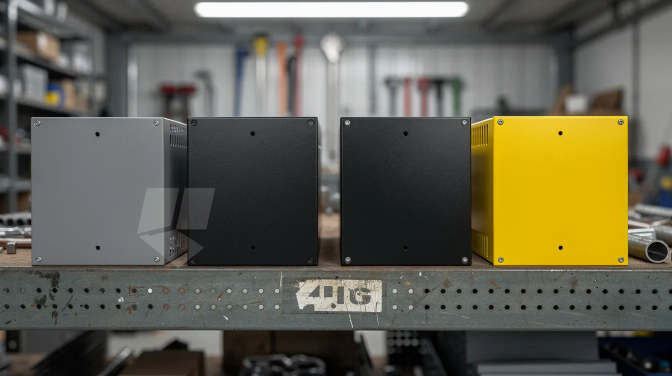 A row of powder-coated sheet metal enclosures in industrial colors like grey, black, and safety yellow are neatly arranged on a factory shelf, showcasing their durable and corrosion-resistant coated metal surfaces. These enclosures represent various industries and highlight the versatility of coated materials in industrial applications.