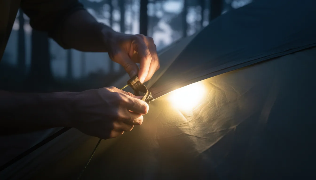 A close-up view of a glowing headlamp illuminates a person's hands as they skillfully set up a tent at dusk, showcasing essential camping gear for their outdoor adventure. The scene captures the functionality and convenience of using tools like tent stakes and multi tools during camping trips.