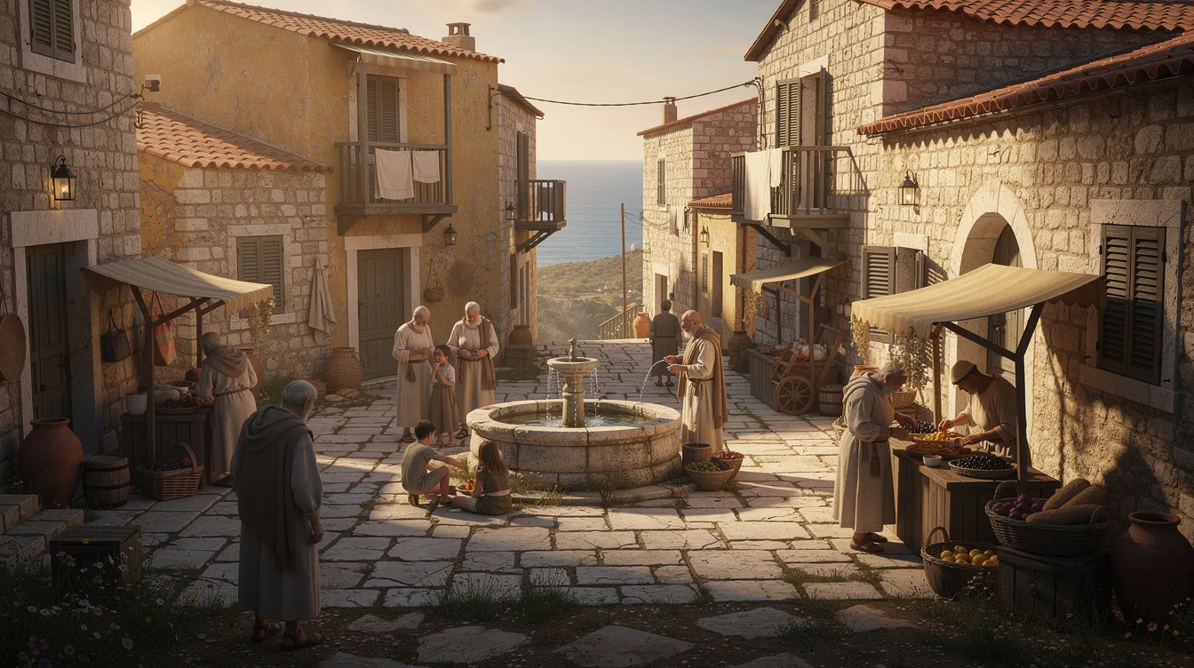 The image depicts an ancient Mediterranean village characterized by stone buildings and a lively public courtyard where people gather, reflecting the communal relationships and honor-shame dynamics often present in such cultures. This setting evokes a cultural context reminiscent of biblical times, where community and family reputation played crucial roles in shaping individual identities and interactions.
