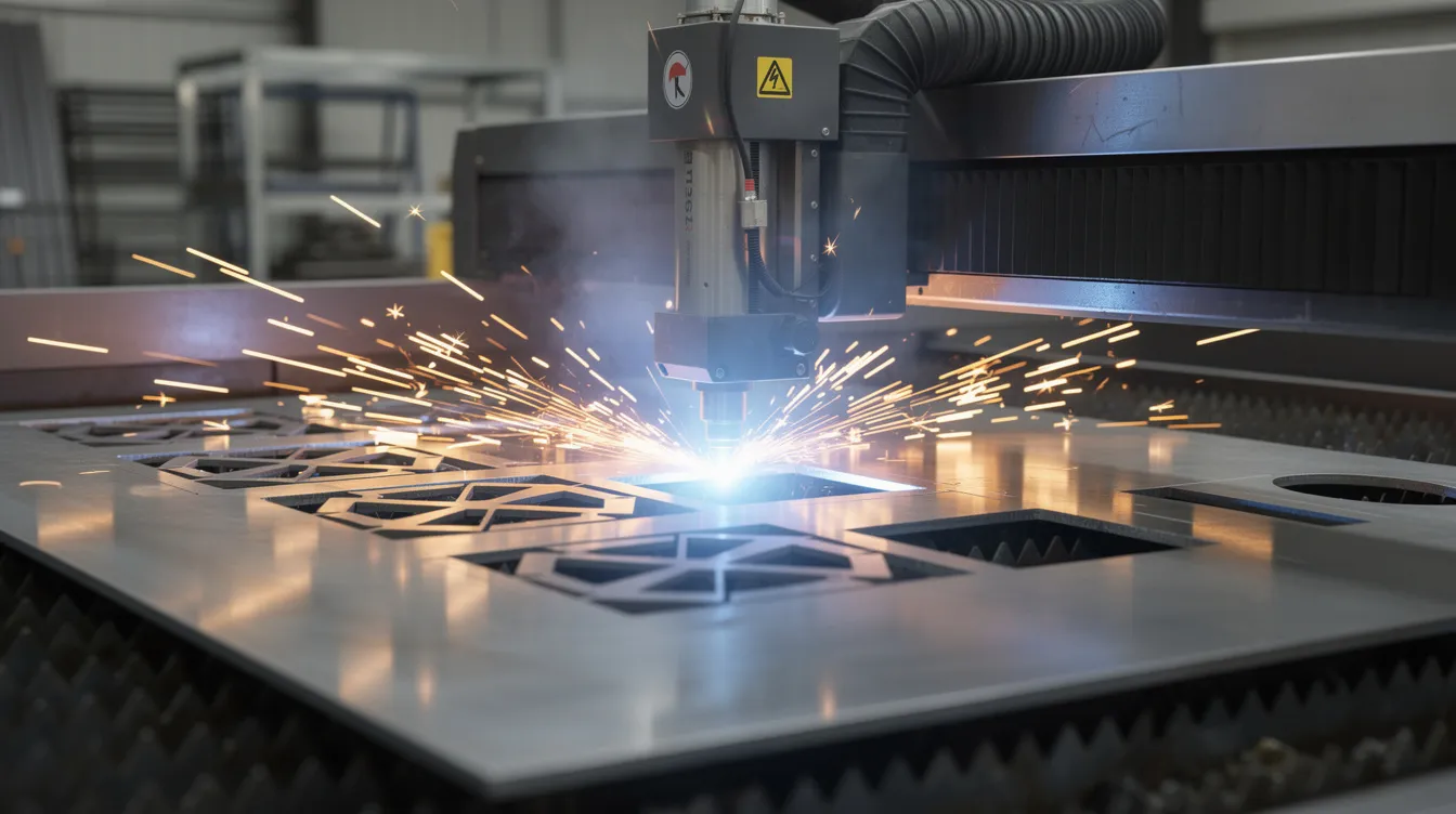 An industrial CNC laser cutting machine is actively cutting precise shapes from a sheet metal, with bright sparks flying as the high power laser beam interacts with the steel material. This process showcases the capabilities of sheet metal fabrication, emphasizing the manufacturing of custom sheet metal parts with tight tolerances.