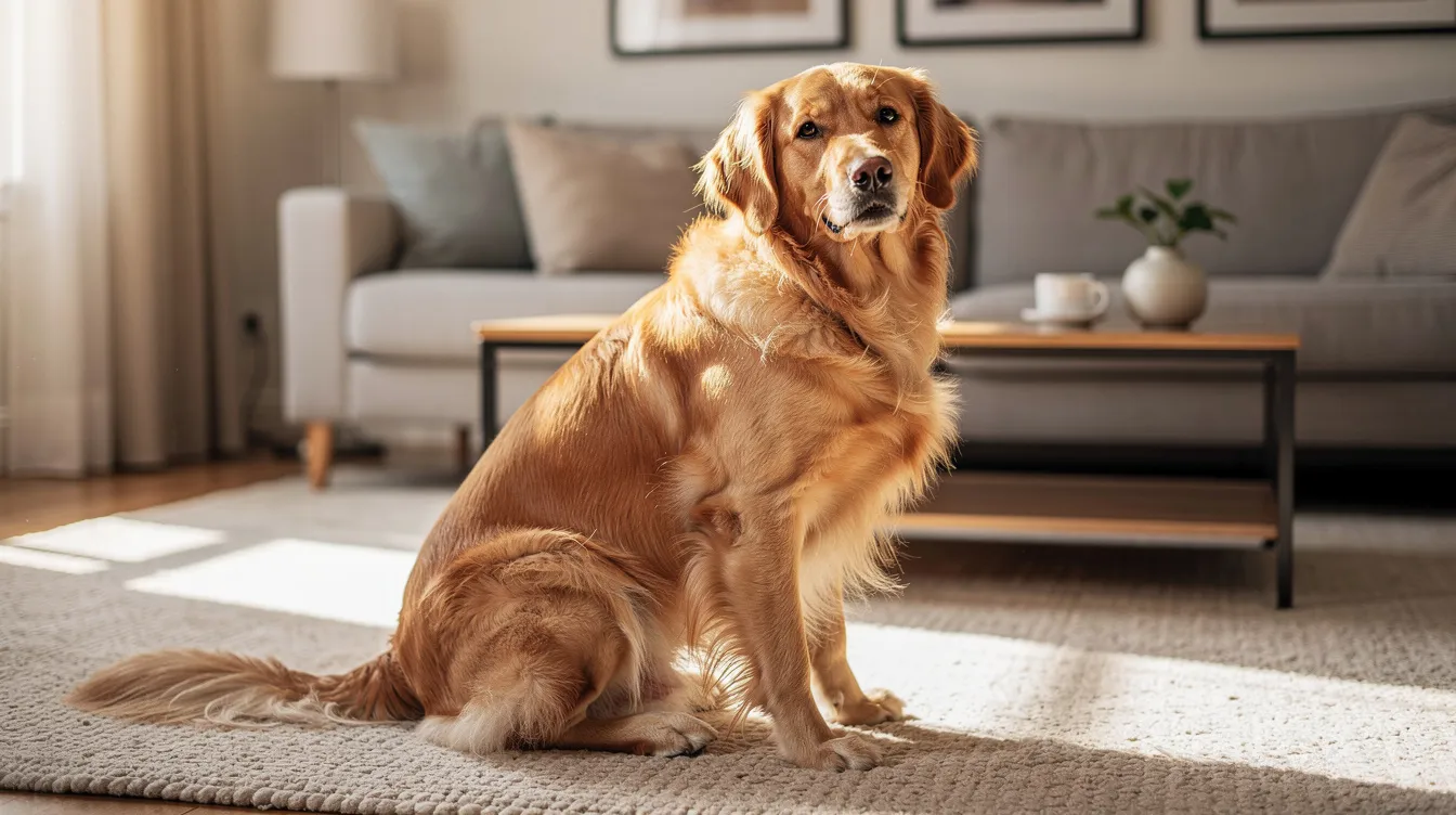 A golden retriever is sitting on a living room rug with one back leg extended awkwardly to the side, showcasing a relaxed posture. This position may indicate a potential issue with the dog's knee joint, possibly related to the cranial cruciate ligament, which is a common concern in large breed dogs.