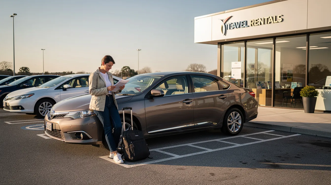 Een reiziger bekijkt de huurpapieren naast een geparkeerde auto bij een verhuurkantoor.