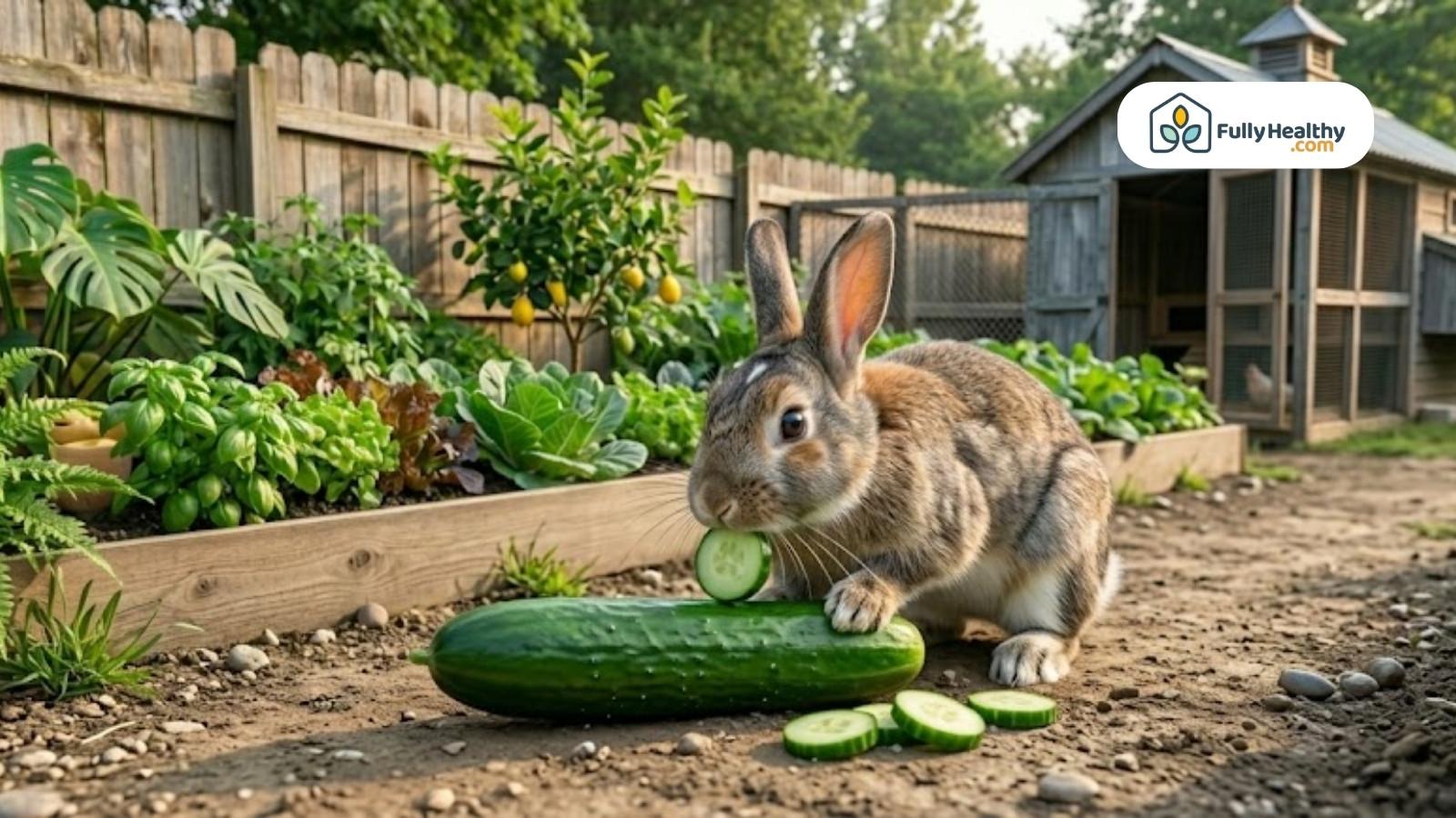 Rabbit nibbling cucumber beside whole cucumber in outdoor backyard garden area