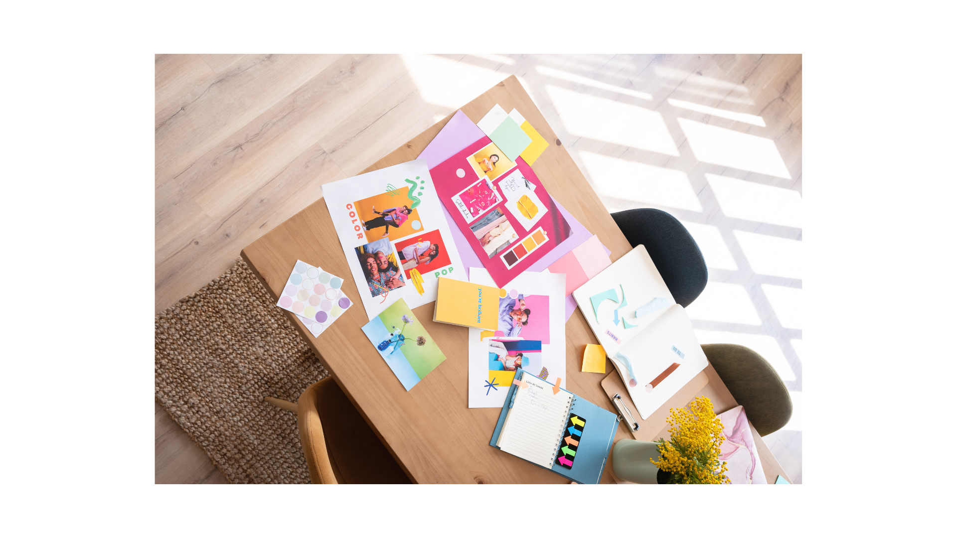 Desk with notes and papers to brainstorm. 