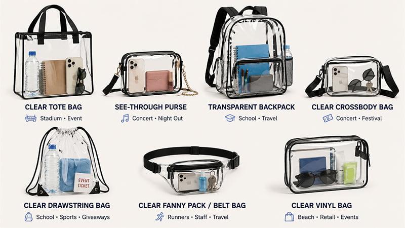 Clear bag types including clear tote bag, see-through purse, transparent backpack, crossbody bag, drawstring bag, fanny pack, and vinyl organizer.