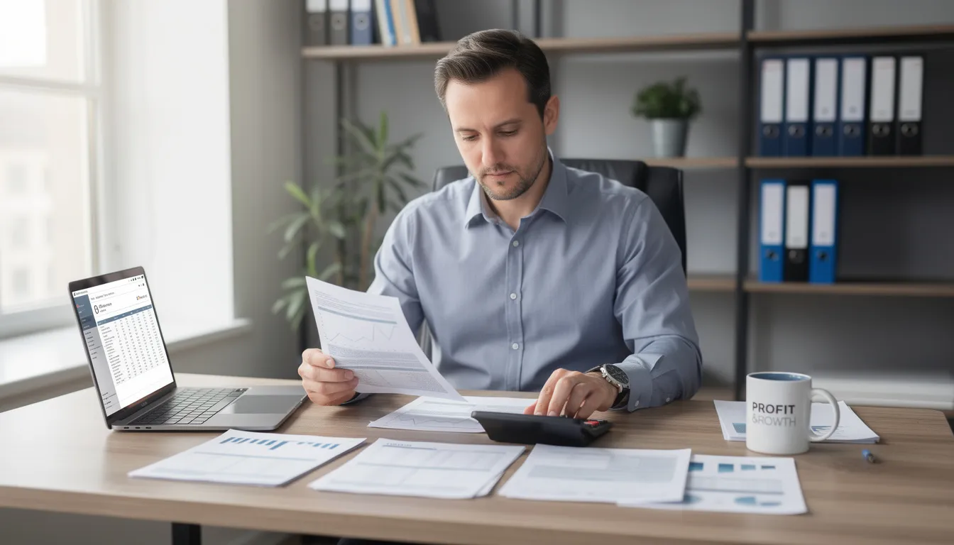 A business owner is sitting at a desk, reviewing financial documents and using a calculator to assess their taxable income and potential tax deductions related to business vehicles. The scene emphasizes the importance of understanding tax rules and benefits for vehicles used for business purposes.